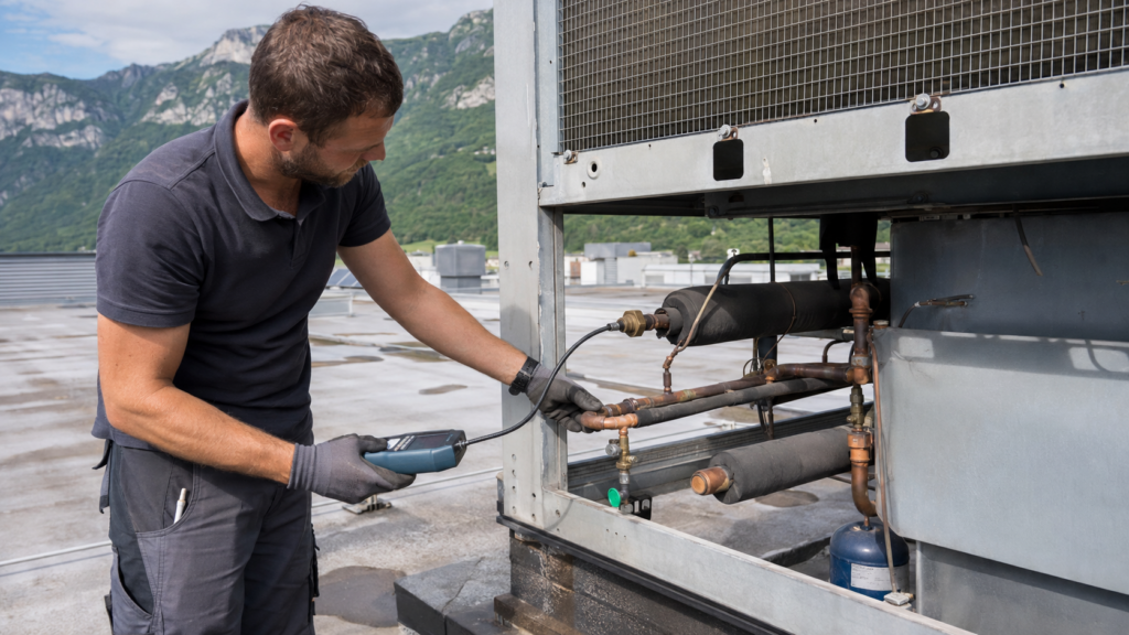 tecnico che controlla f-gas in un impianto
